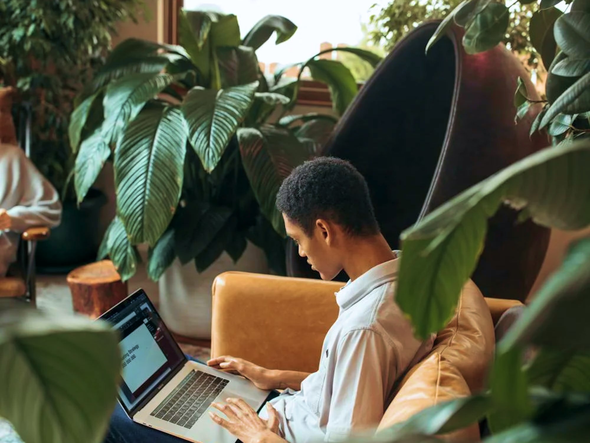 Man working on a laptop in a leafy indoor space, seated on a mustard chair